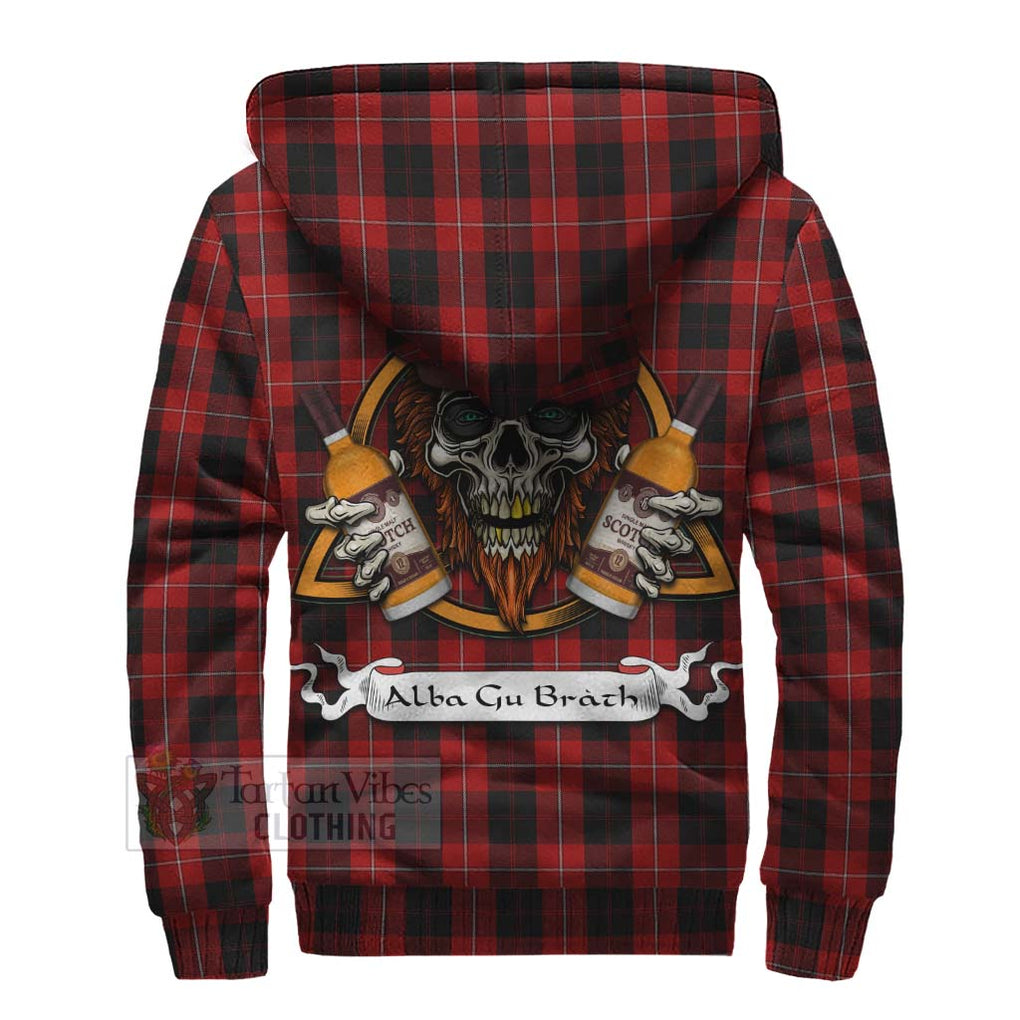 Tartan Vibes Clothing Cunningham Tartan Sherpa Hoodie with Family Crest and Bearded Skull Holding Bottles of Whiskey