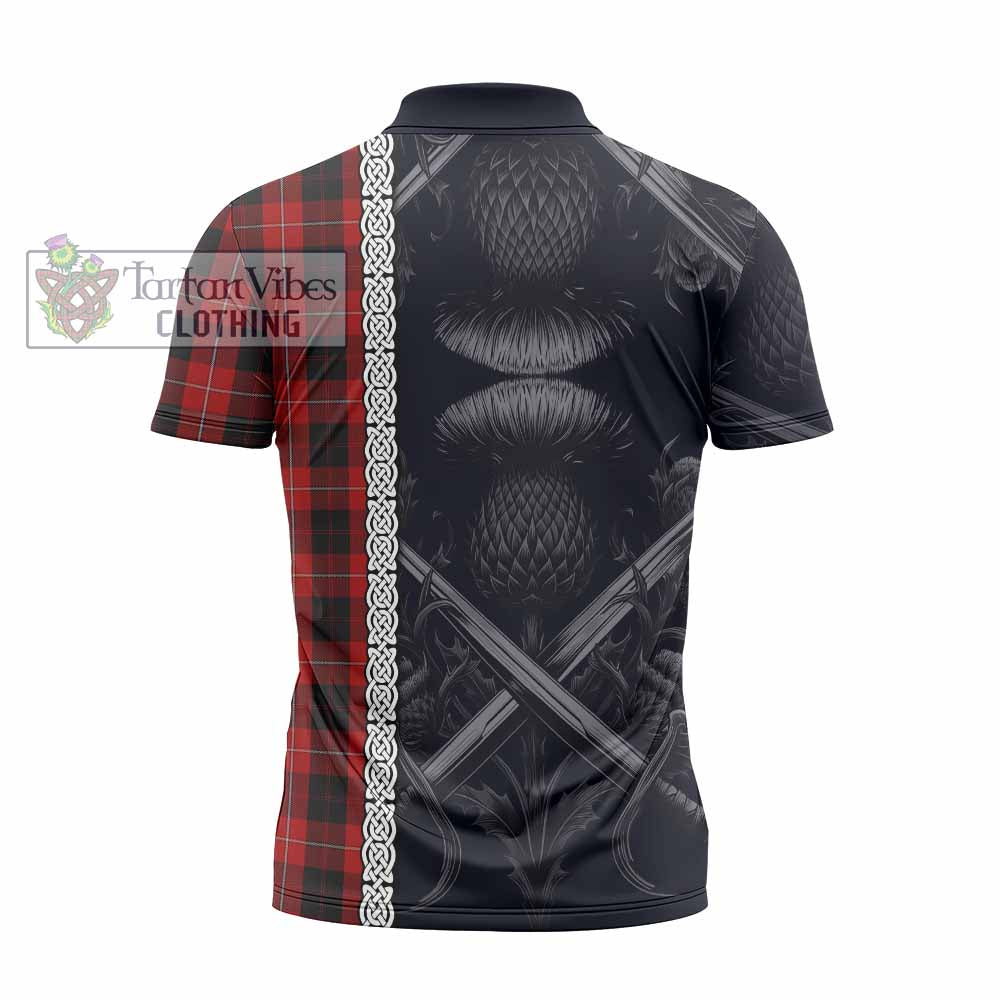 Tartan Vibes Clothing Cunningham Tartan Zipper Polo Shirt with Family Crest Cross Sword Thistle Celtic Vibes