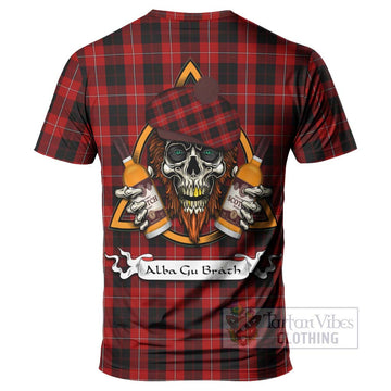 Cunningham Tartan T-Shirt with Family Crest and Bearded Skull Holding Bottles of Whiskey