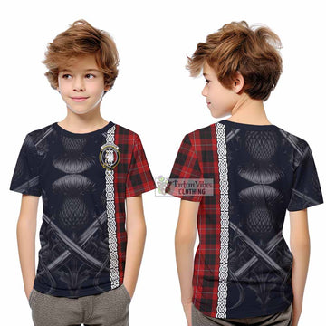 Cunningham Tartan Kid T-Shirt with Family Crest Cross Sword Thistle Celtic Vibes