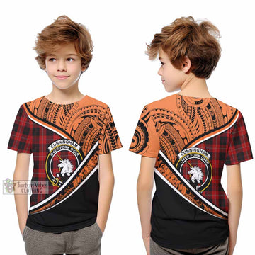 Cunningham Crest Tartan Kid T-Shirt with Polynesian Vibes Style - Orange Version