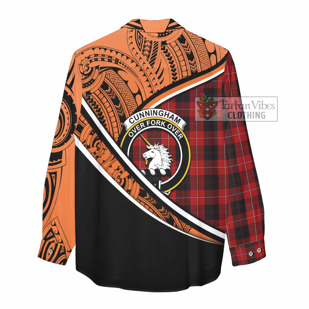 Tartan Vibes Clothing Cunningham Crest Tartan Women's Casual Shirt with Maori Tattoo Style - Orange Version