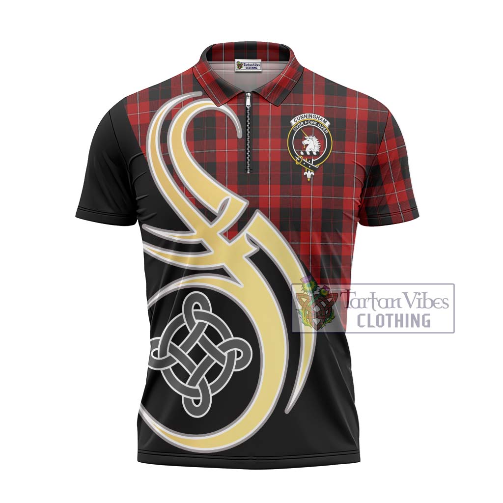 Tartan Vibes Clothing Cunningham Tartan Zipper Polo Shirt with Family Crest and Celtic Symbol Style