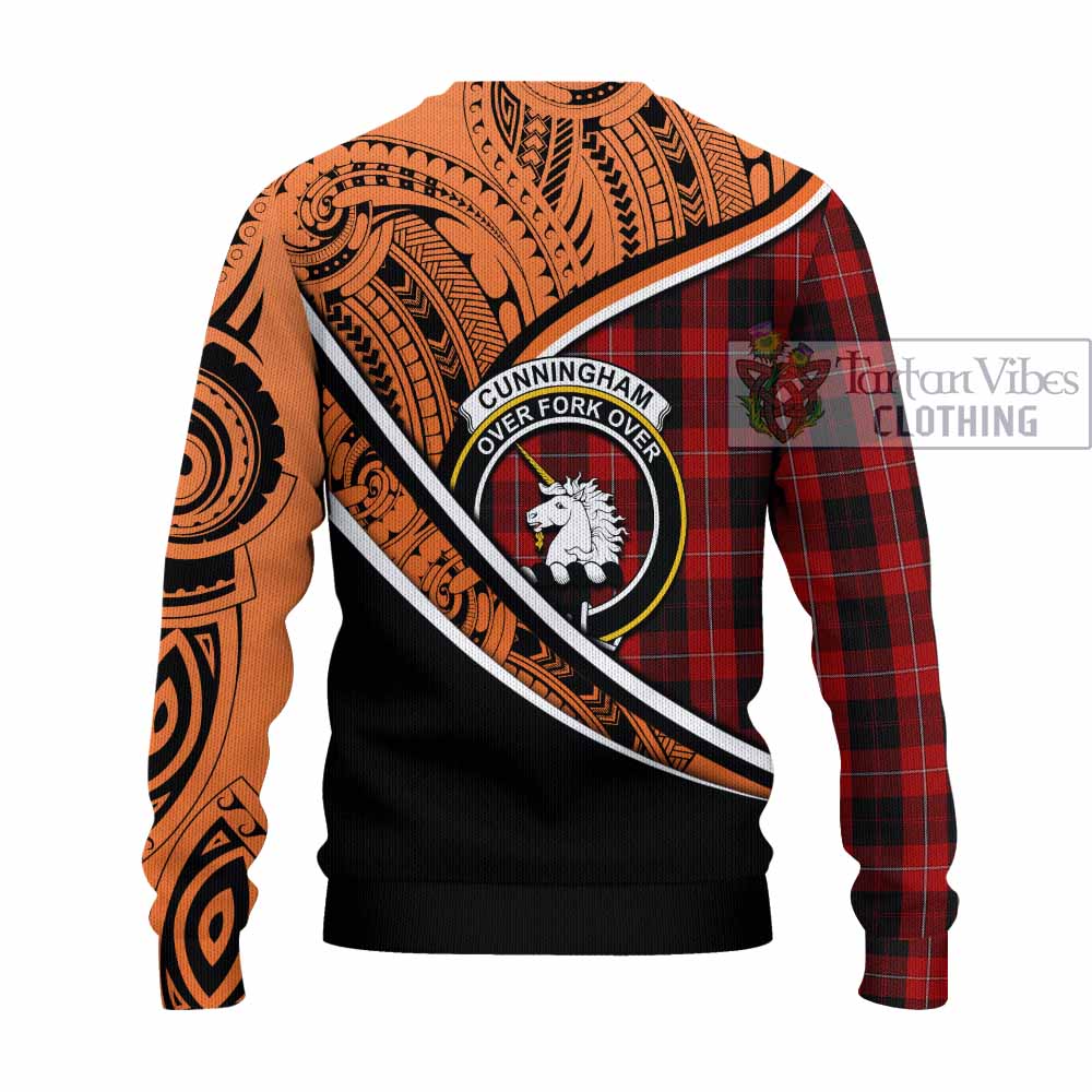 Tartan Vibes Clothing Cunningham Crest Tartan Knitted Sweater with Maori Tattoo Style - Orange Version