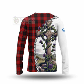 Cunningham Tartan Long Sleeve T-Shirt with Family Crest and St. Andrew's Cross Accented by Thistle Vines