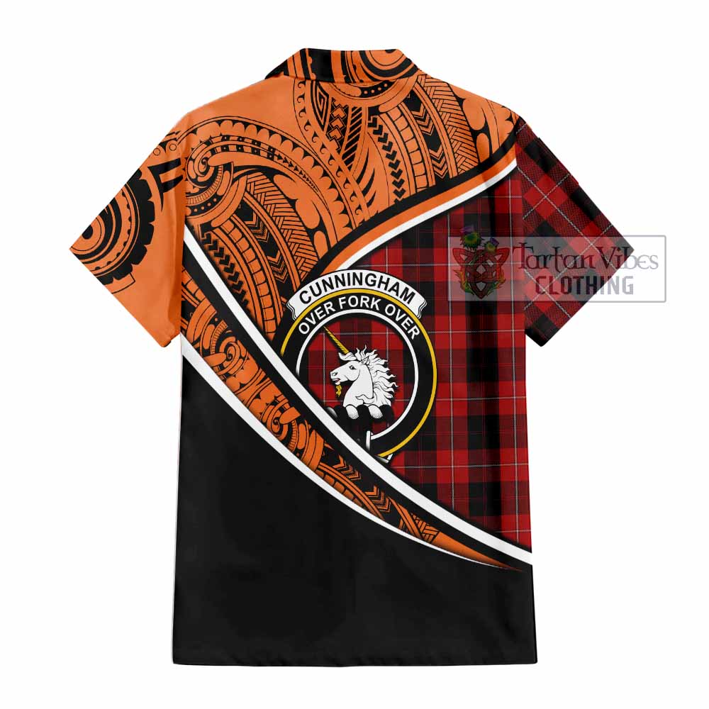 Tartan Vibes Clothing Cunningham Crest Tartan Short Sleeve Button Shirt with Maori Tattoo Style - Orange Version