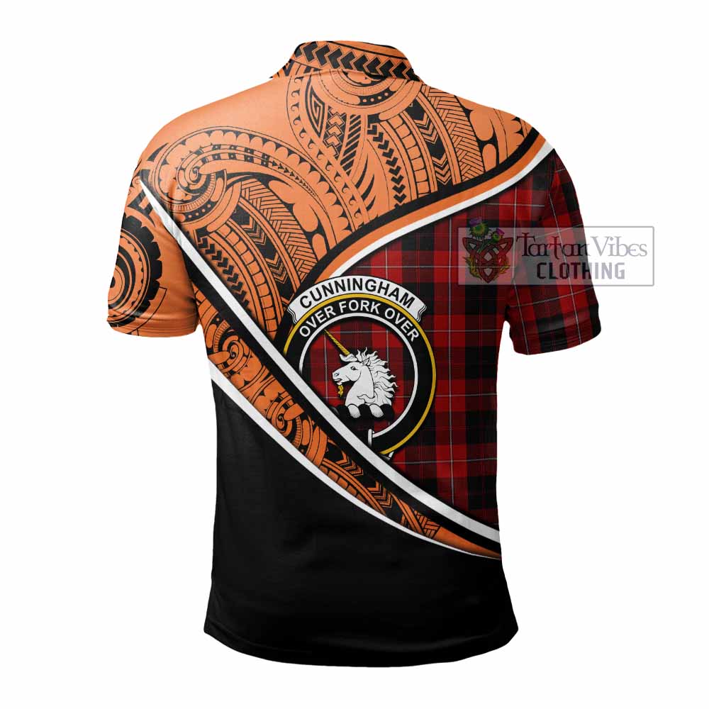 Tartan Vibes Clothing Cunningham Crest Tartan Polo Shirt with Maori Tattoo Style - Orange Version