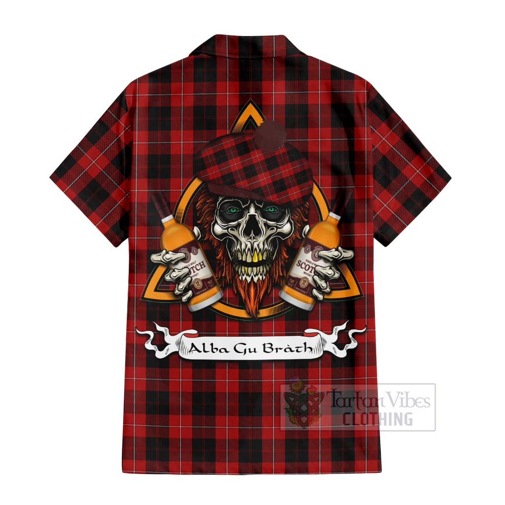 Tartan Vibes Clothing Cunningham Tartan Short Sleeve Button Shirt with Family Crest and Bearded Skull Holding Bottles of Whiskey