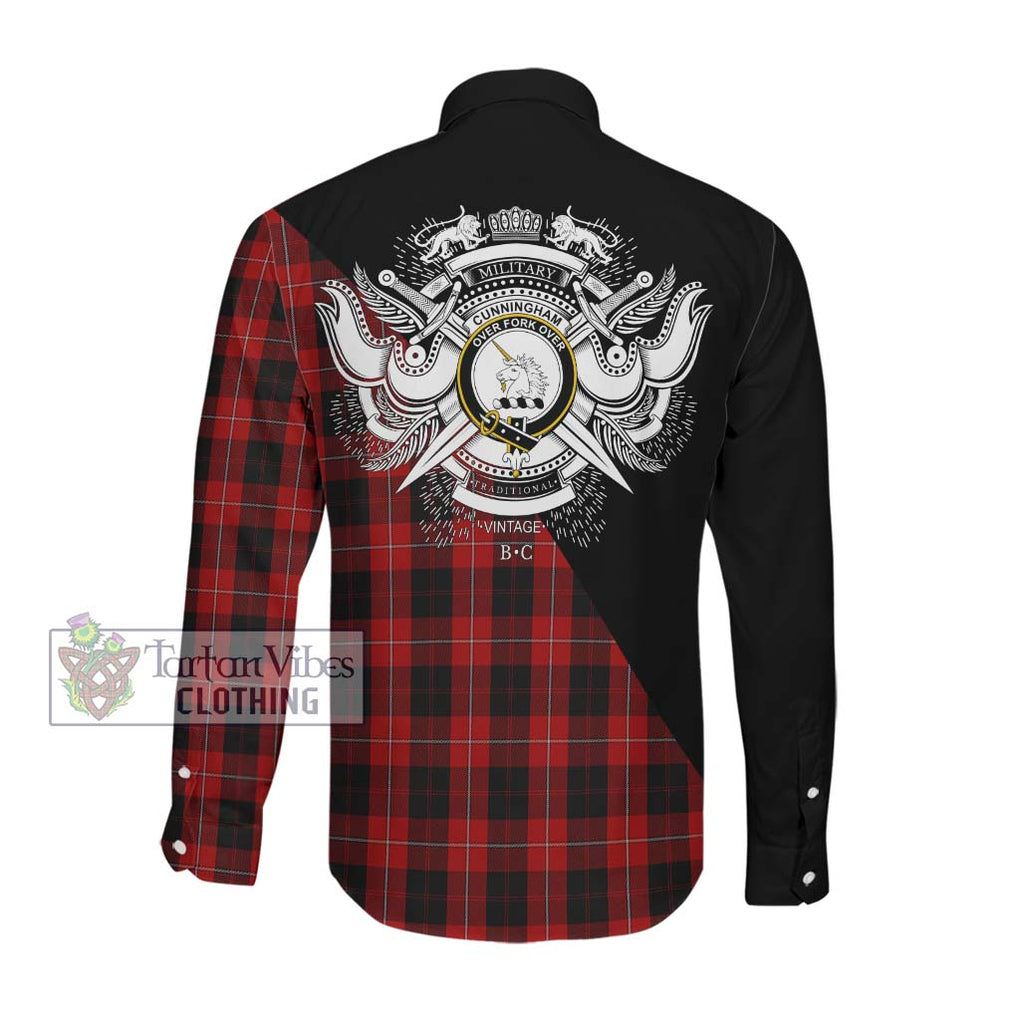 Cunningham Tartan Long Sleeve Button Shirt with Family Crest and Military Logo Style Men's Shirt - Tartanvibesclothing Shop