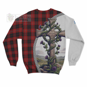 Cunningham Tartan Sweatshirt with Family Crest and St. Andrew's Cross Accented by Thistle Vines