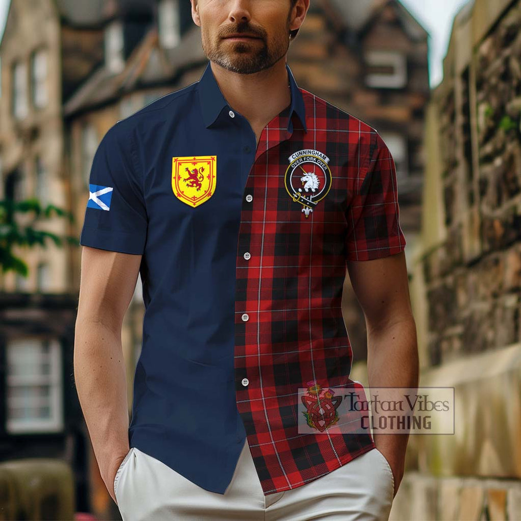 Tartan Vibes Clothing Cunningham Tartan Short Sleeve Button Shirt with Scottish Lion Royal Arm Half Style