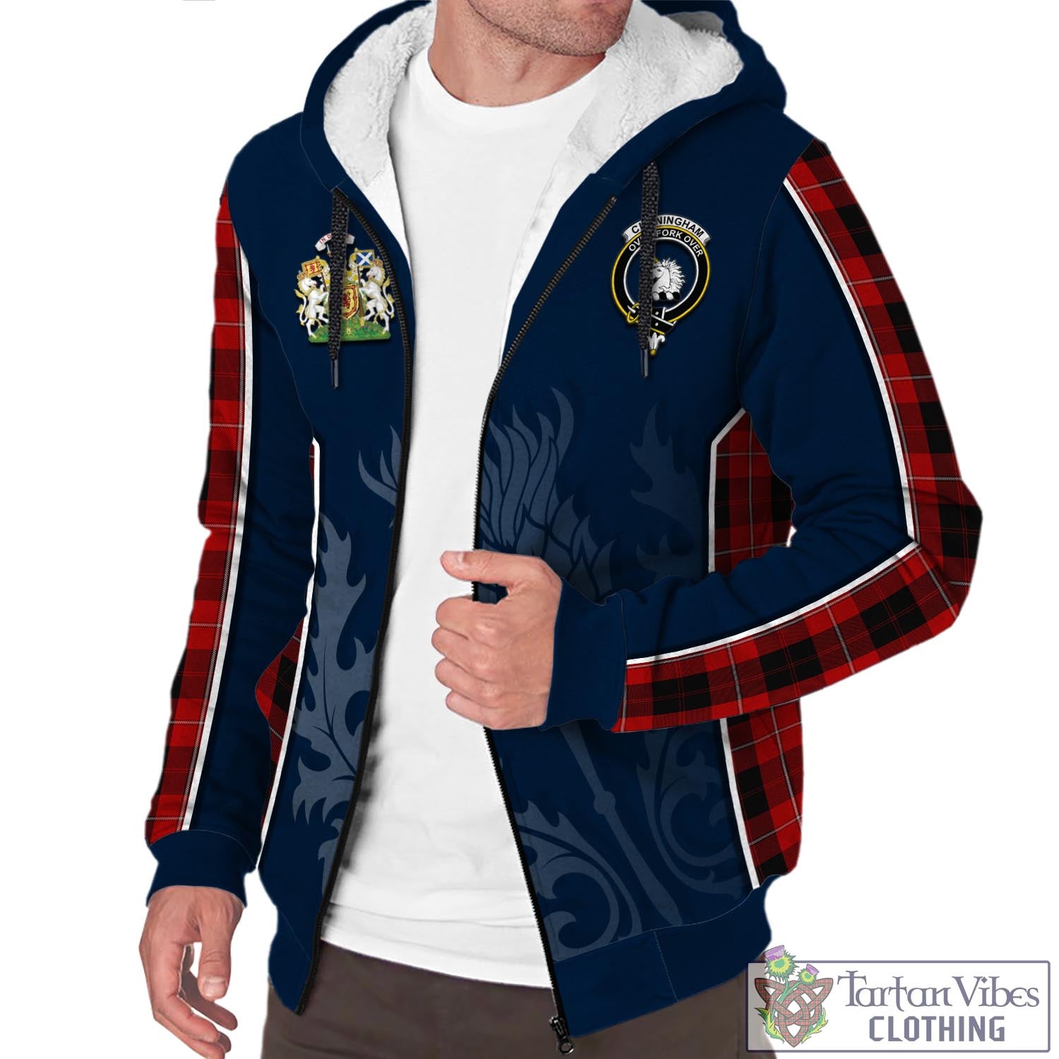 Tartan Vibes Clothing Cunningham Tartan Sherpa Hoodie with Family Crest and Scottish Thistle Vibes Sport Style