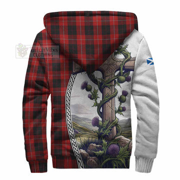 Cunningham Tartan Sherpa Hoodie with Family Crest and St. Andrew's Cross Accented by Thistle Vines