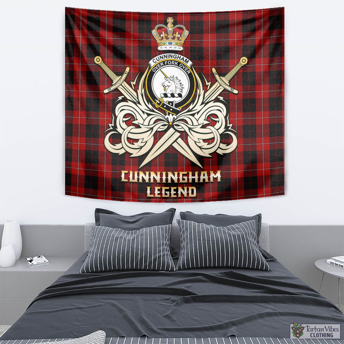 Tartan Vibes Clothing Cunningham Tartan Tapestry with Clan Crest and the Golden Sword of Courageous Legacy