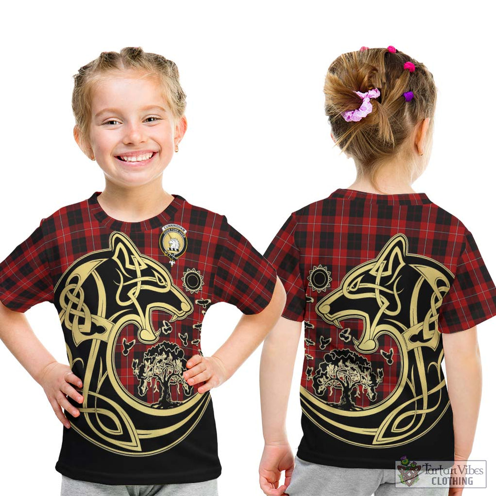 Cunningham Tartan Kid T-Shirt with Family Crest Celtic Wolf Style - Tartan Vibes Clothing