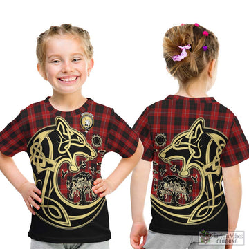 Cunningham Tartan Kid T-Shirt with Family Crest Celtic Wolf Style