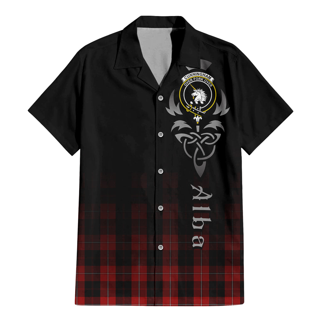 Tartan Vibes Clothing Cunningham Tartan Short Sleeve Button Up Featuring Alba Gu Brath Family Crest Celtic Inspired