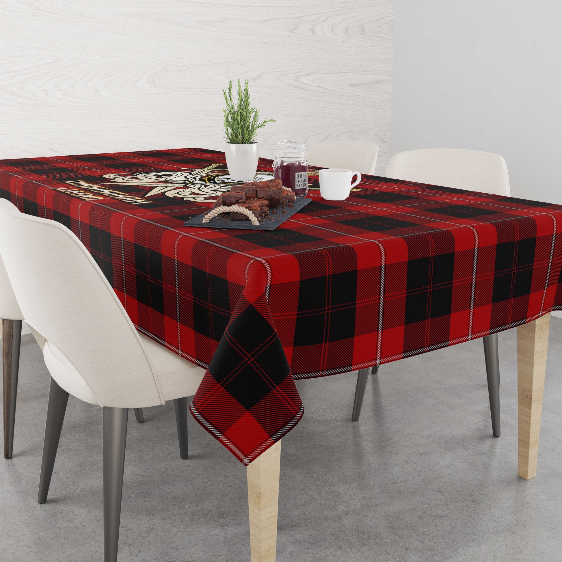 Tartan Vibes Clothing Cunningham Tartan Tablecloth with Clan Crest and the Golden Sword of Courageous Legacy