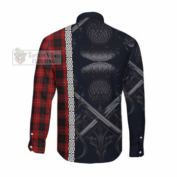 Cunningham Tartan Long Sleeve Button Shirt with Family Crest Cross Sword Thistle Celtic Vibes