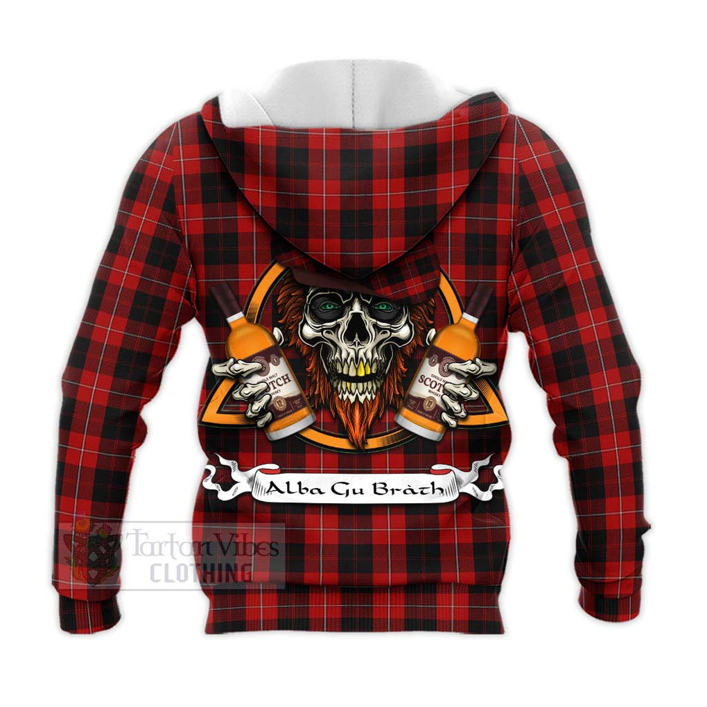 Tartan Vibes Clothing Cunningham Tartan Knitted Hoodie with Family Crest and Bearded Skull Holding Bottles of Whiskey