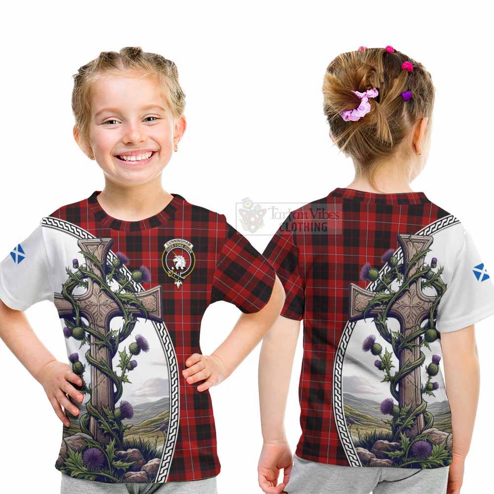 Tartan Vibes Clothing Cunningham Tartan Kid T-Shirt with Family Crest and St. Andrew's Cross Accented by Thistle Vines