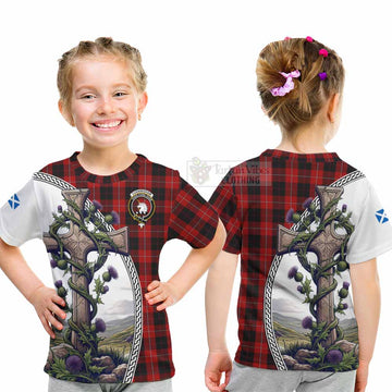 Cunningham Tartan Kid T-Shirt with Family Crest and St. Andrew's Cross Accented by Thistle Vines