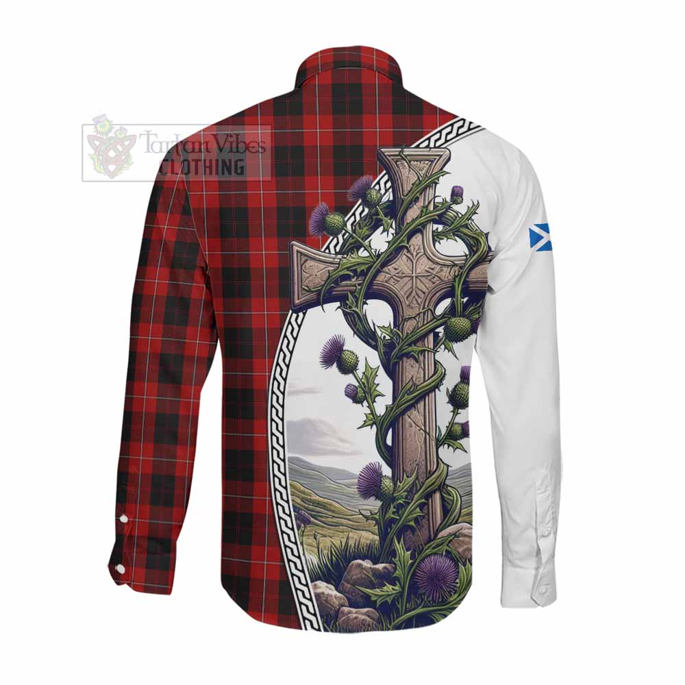 Tartan Vibes Clothing Cunningham Tartan Long Sleeve Button Shirt with Family Crest and St. Andrew's Cross Accented by Thistle Vines