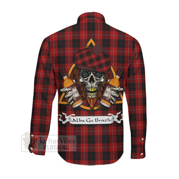 Cunningham Tartan Long Sleeve Button Shirt with Family Crest and Bearded Skull Holding Bottles of Whiskey