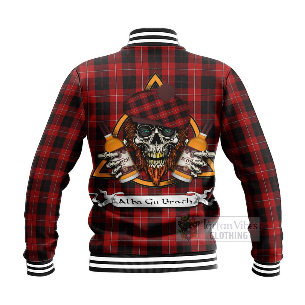 Tartan Vibes Clothing Cunningham Tartan Baseball Jacket with Family Crest and Bearded Skull Holding Bottles of Whiskey