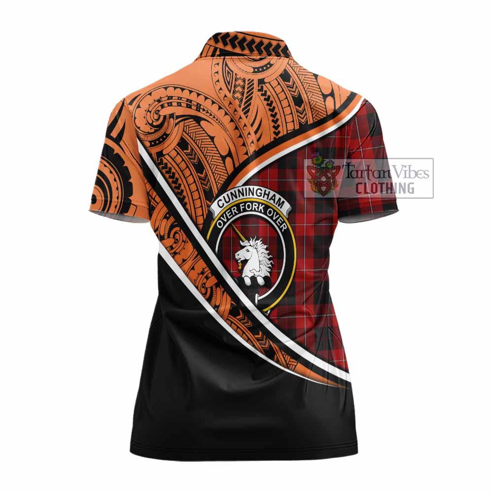 Tartan Vibes Clothing Cunningham Crest Tartan Women's Polo Shirt with Maori Tattoo Style - Orange Version