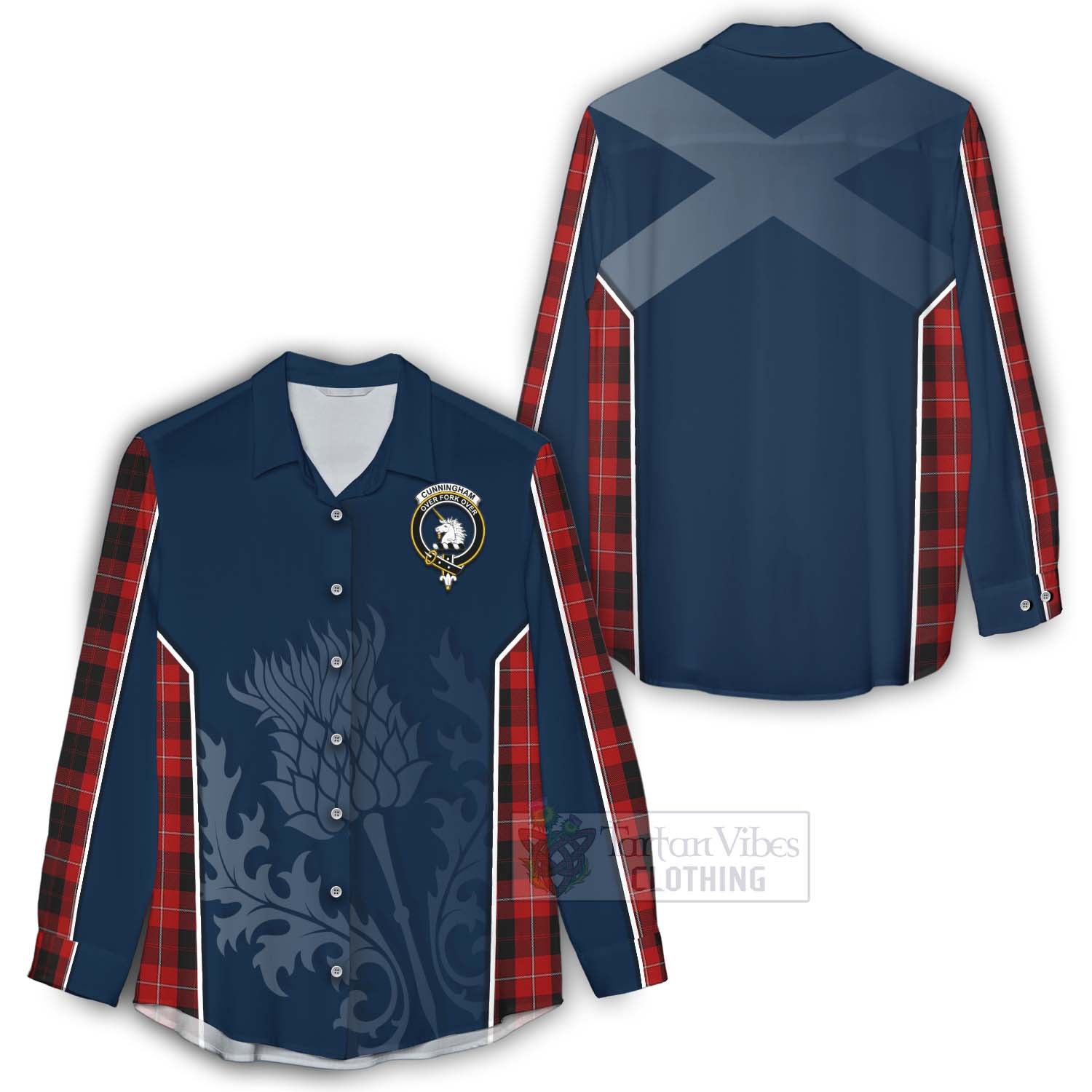 Tartan Vibes Clothing Cunningham Tartan Women's Casual Shirt with Family Crest and Scottish Thistle Vibes Sport Style