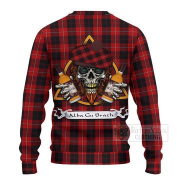 Cunningham Tartan Ugly Sweater with Family Crest and Bearded Skull Holding Bottles of Whiskey