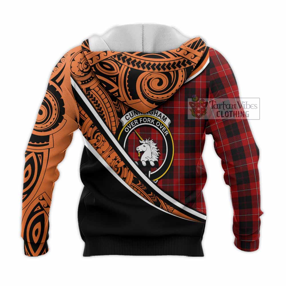 Tartan Vibes Clothing Cunningham Crest Tartan Knitted Hoodie with Maori Tattoo Style - Orange Version