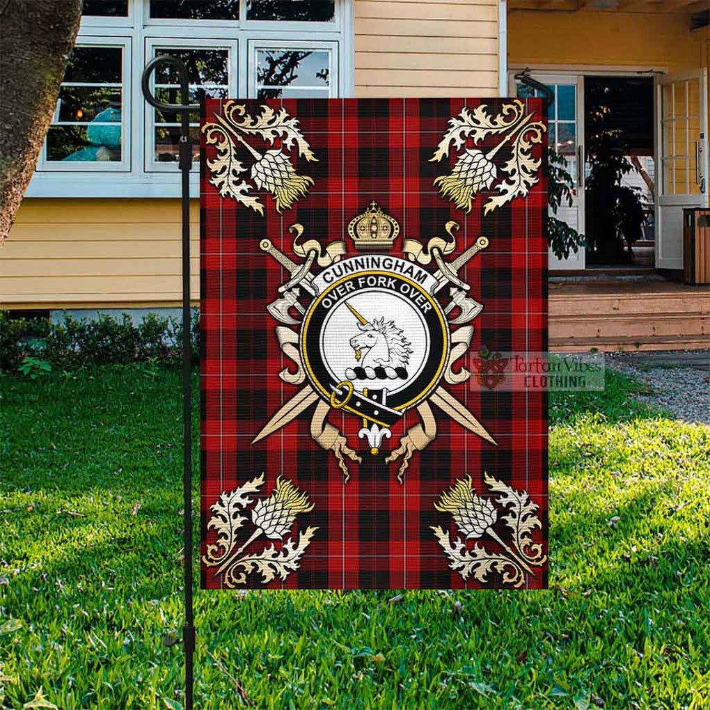 Tartan Vibes Clothing Cunningham Tartan Flag with Family Crest and Golden Thistle Crossed Sword Design