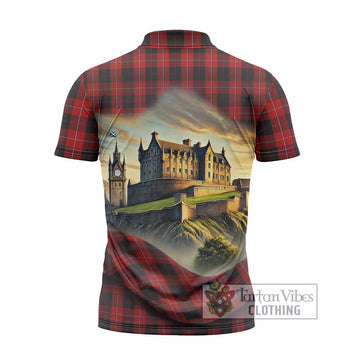 Cunningham Tartan Family Crest Zipper Polo Shirt with Scottish Ancient Castle Style - Tartan Vibes Clothing