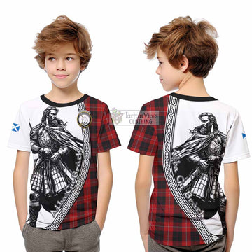 Cunningham Tartan Clan Crest Kid T-Shirt with Highlander Warrior Celtic Style