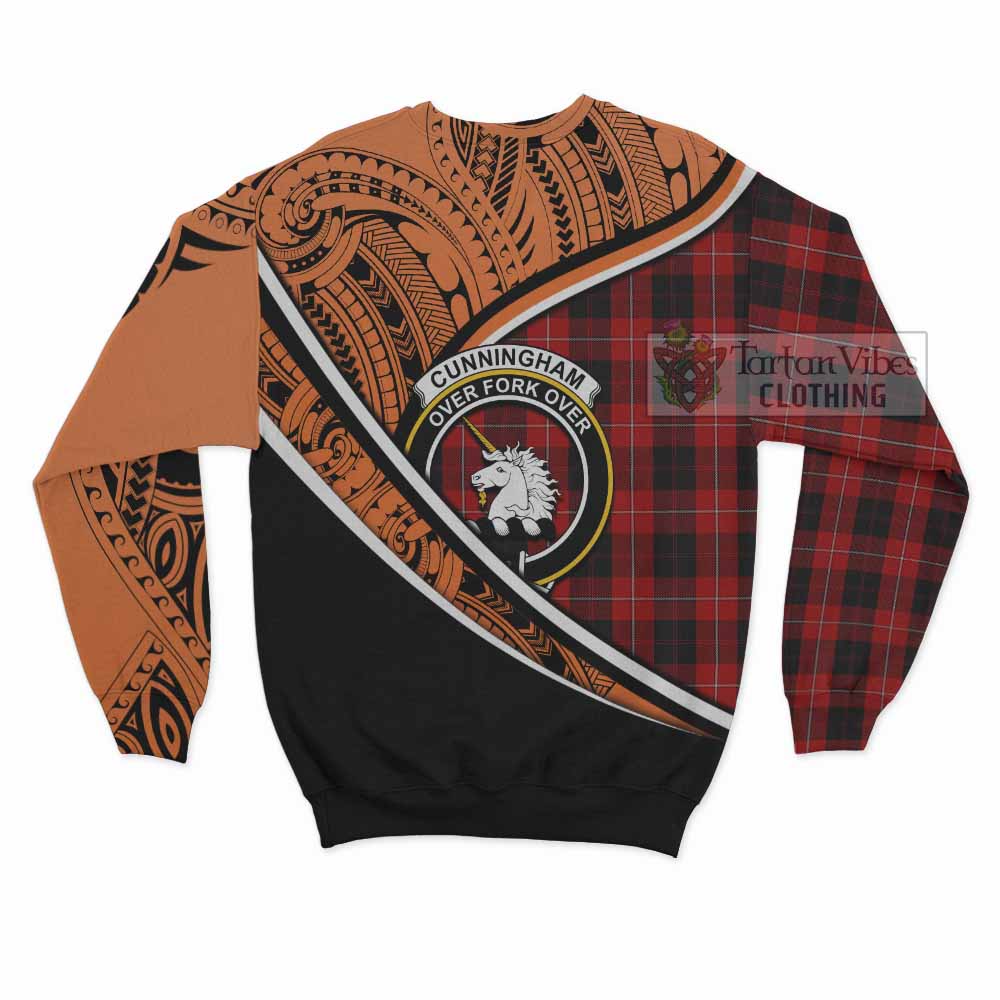 Tartan Vibes Clothing Cunningham Crest Tartan Sweatshirt with Maori Tattoo Style - Orange Version