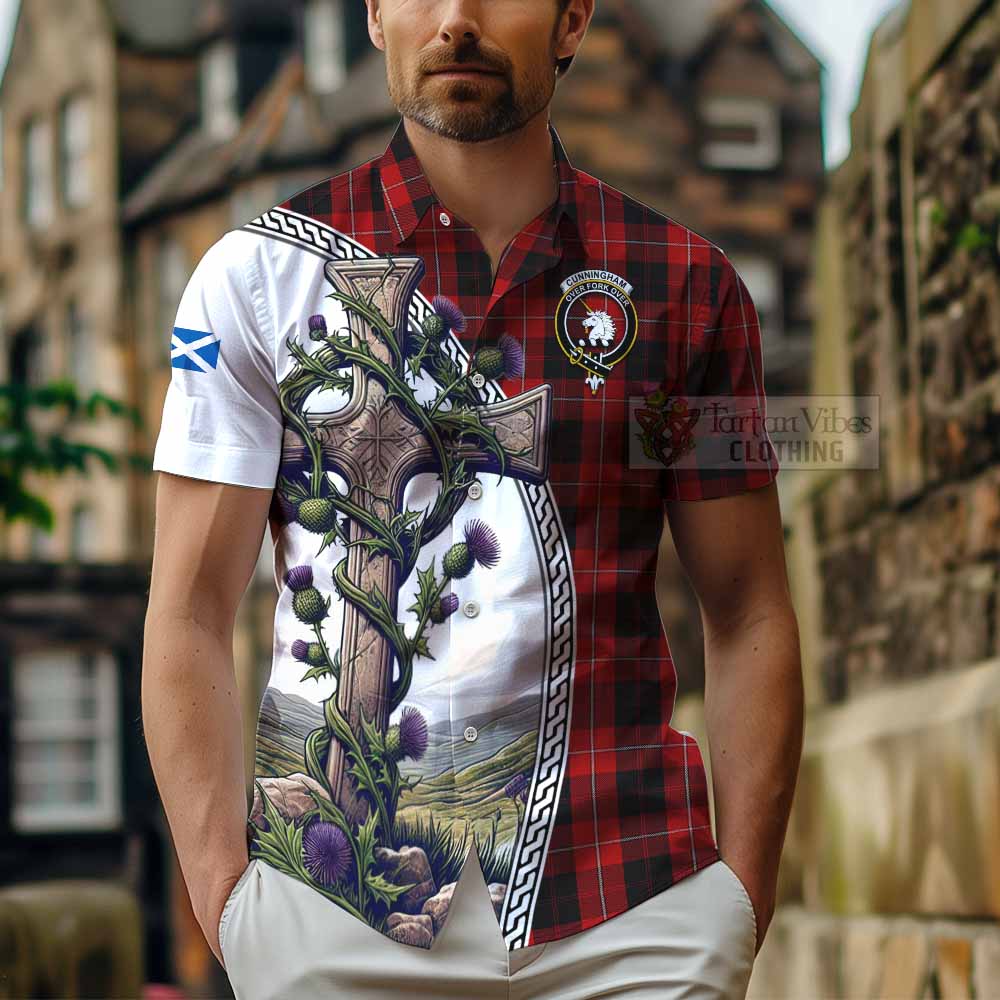 Tartan Vibes Clothing Cunningham Tartan Short Sleeve Button Shirt with Family Crest and St. Andrew's Cross Accented by Thistle Vines