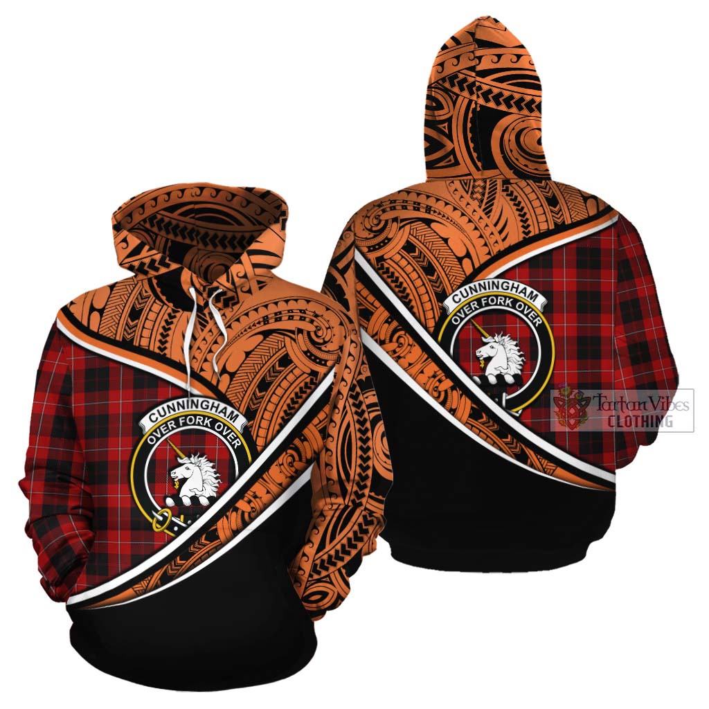 Tartan Vibes Clothing Cunningham Crest Tartan Cotton Hoodie with Maori Tattoo Style - Orange Version