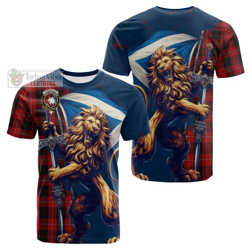 Tartan Vibes Clothing Cunningham Tartan Family Crest Cotton T-shirt with Scottish Majestic Lion