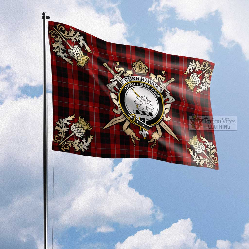 Tartan Vibes Clothing Cunningham Tartan Flag with Family Crest and Golden Thistle Crossed Sword Design