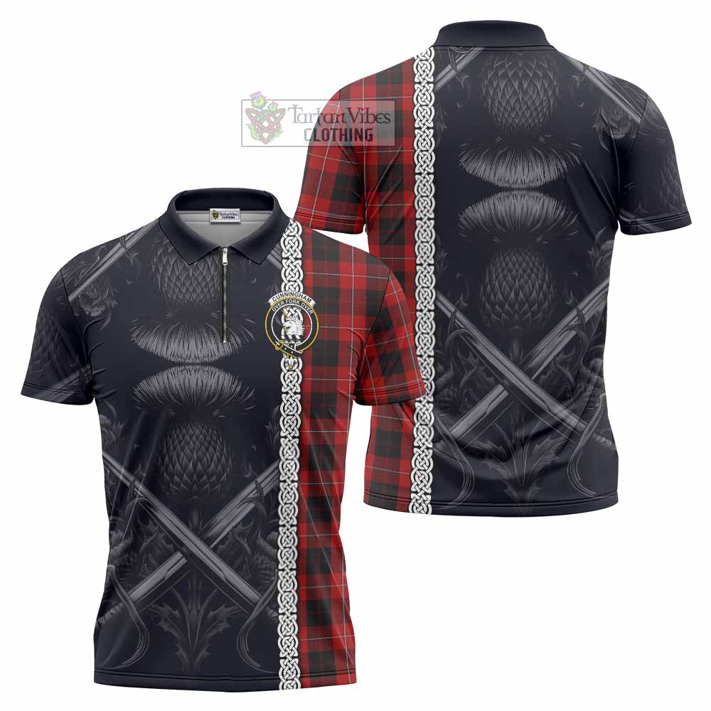 Tartan Vibes Clothing Cunningham Tartan Zipper Polo Shirt with Family Crest Cross Sword Thistle Celtic Vibes