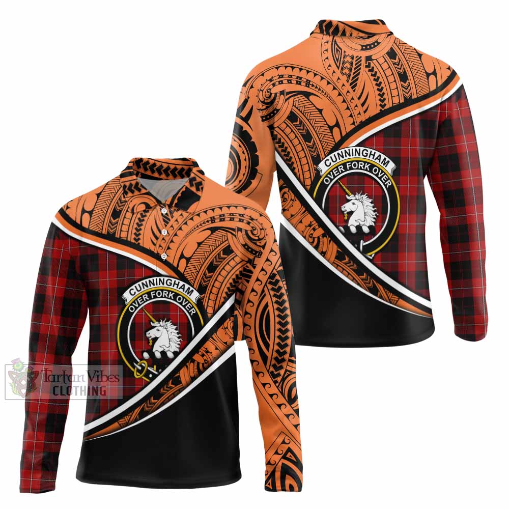 Tartan Vibes Clothing Cunningham Crest Tartan Long Sleeve Polo Shirt with Maori Tattoo Style - Orange Version