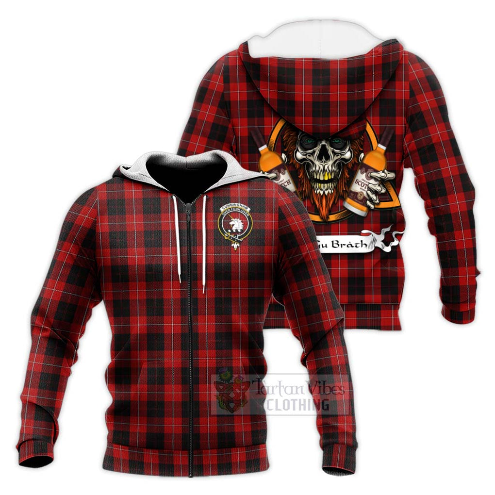 Tartan Vibes Clothing Cunningham Tartan Knitted Hoodie with Family Crest and Bearded Skull Holding Bottles of Whiskey