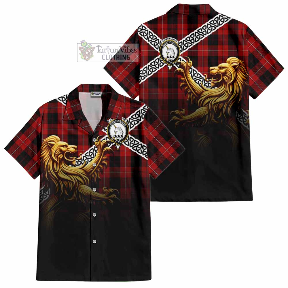 Cunningham Crest Tartan Hawaiian Shirt with Golden Lion Emblem Celtic Style - Tartan Vibes Clothing
