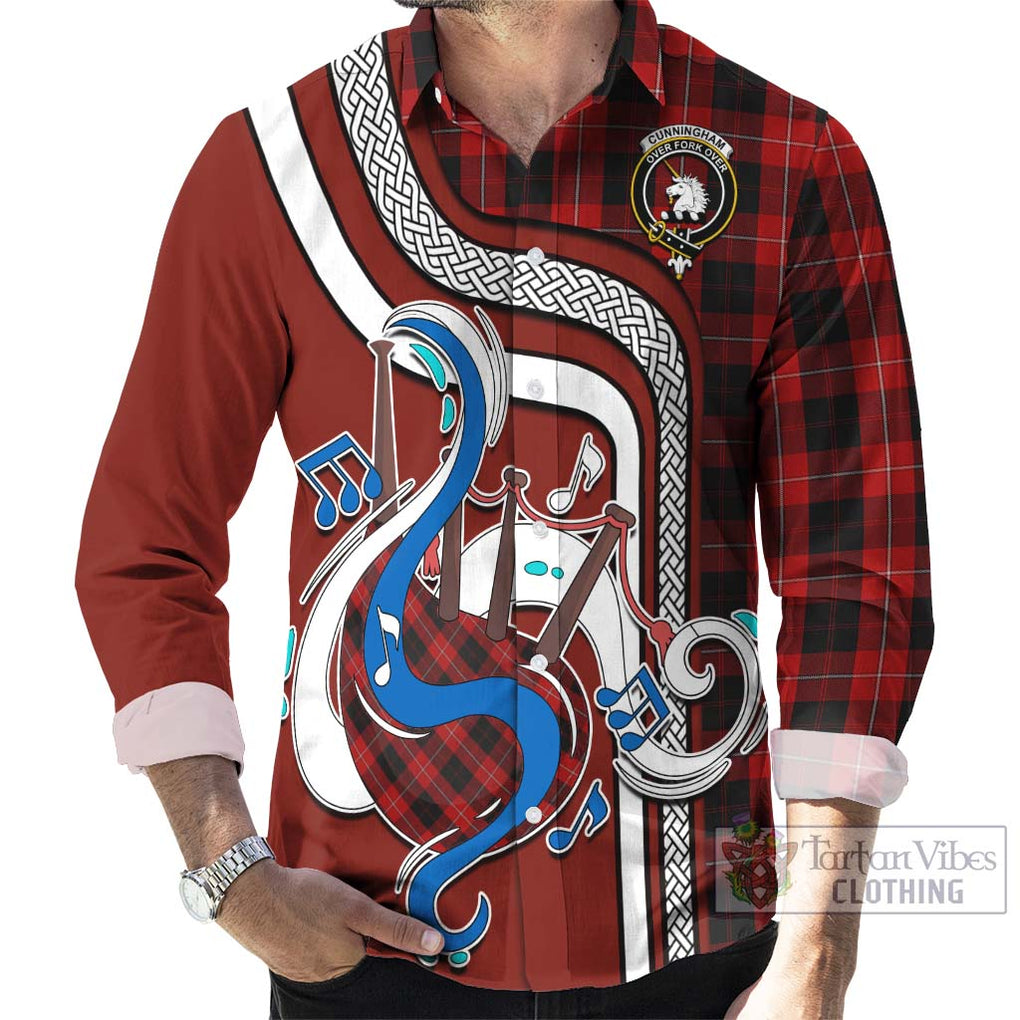 Cunningham Tartan Long Sleeve Button Shirt with Epic Bagpipe Style - Tartanvibesclothing Shop