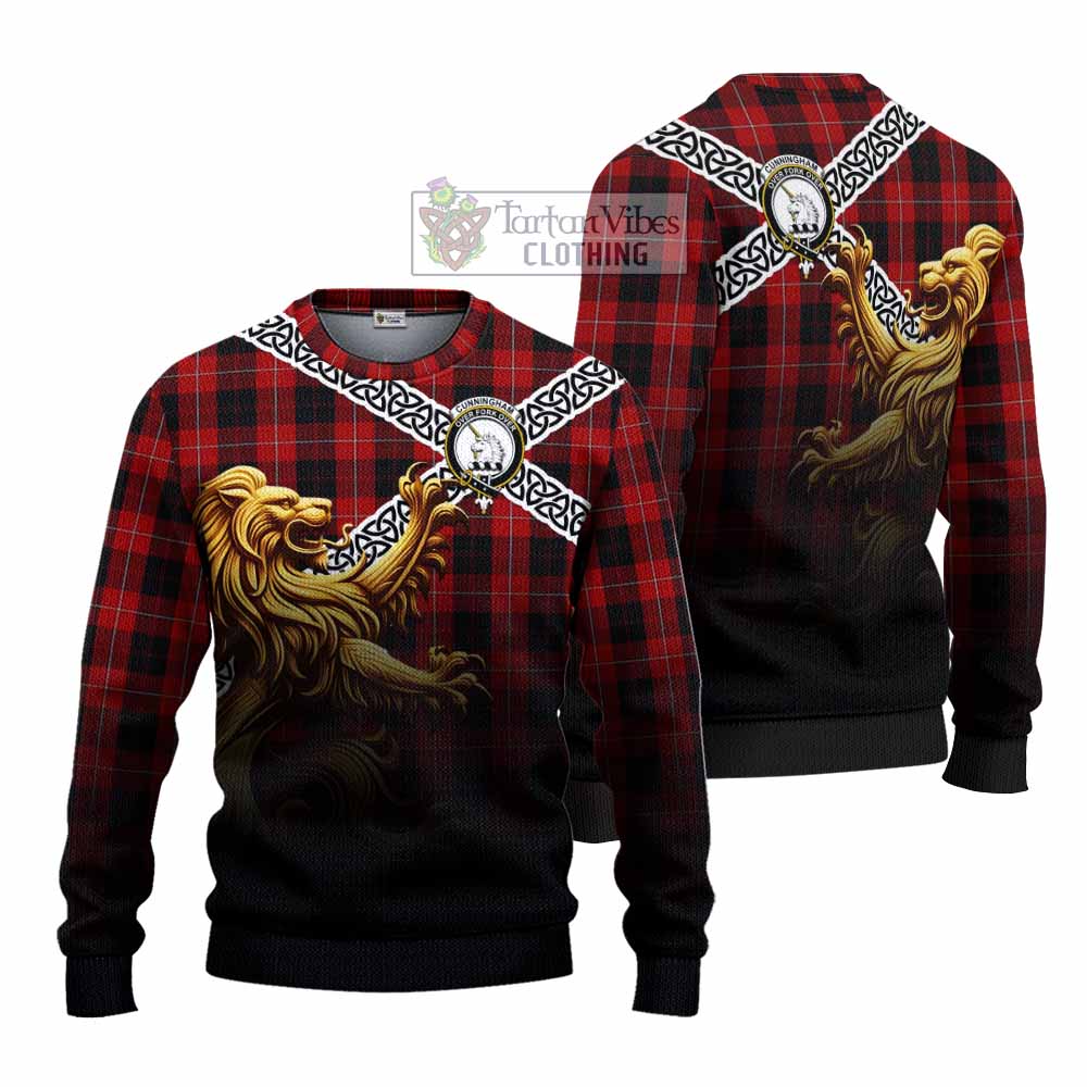 Cunningham Crest Tartan Knitted Sweater with Golden Lion Emblem Celtic Style - Tartan Vibes Clothing