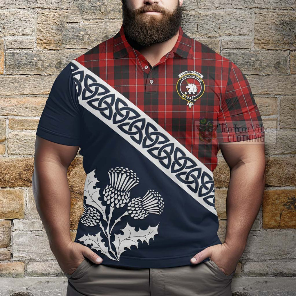 Cunningham Tartan Polo Shirt Featuring Thistle and Scotland Map