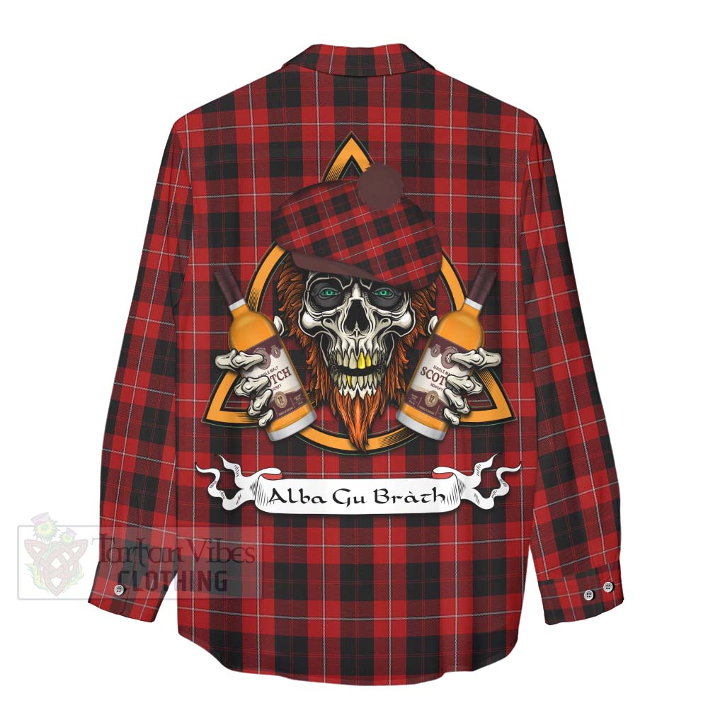 Tartan Vibes Clothing Cunningham Tartan Women's Casual Shirt with Family Crest and Bearded Skull Holding Bottles of Whiskey