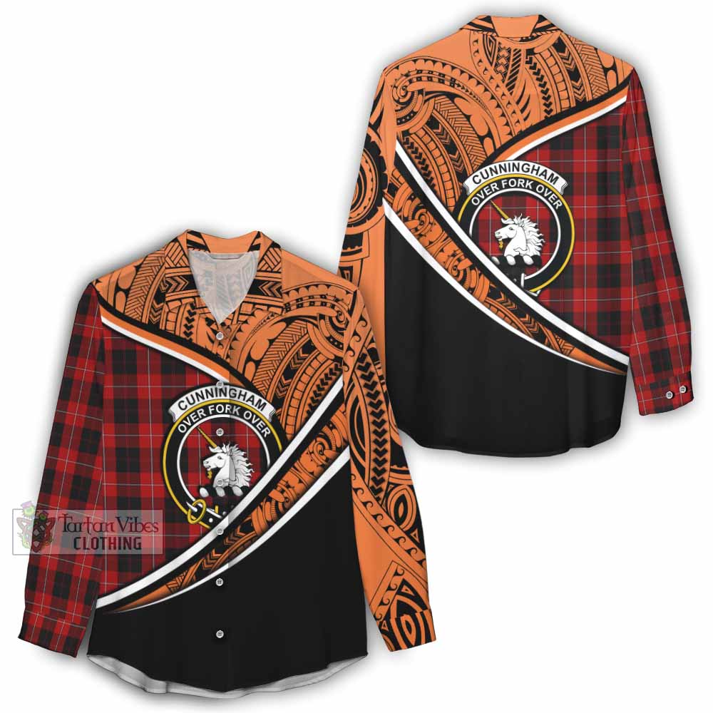 Tartan Vibes Clothing Cunningham Crest Tartan Women's Casual Shirt with Maori Tattoo Style - Orange Version